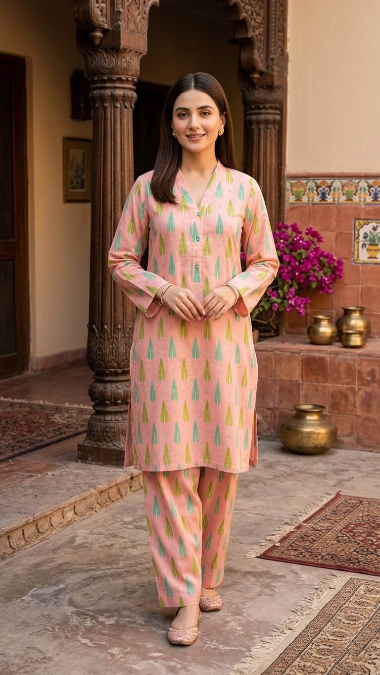 Pastel Peach Pearl Embellished Lawn Suit