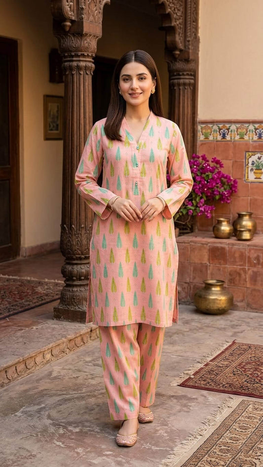 Pastel Peach Pearl Embellished Lawn Suit
