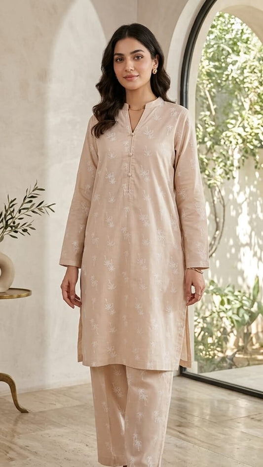 Tropical Palm – Beige Cotton Co-ord Set (2PC)