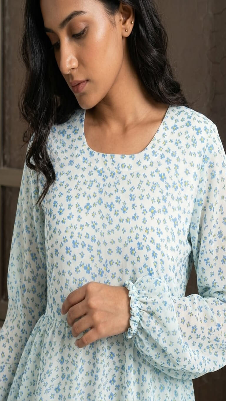 Azure Bloom – Floral Georgette Frock Dress