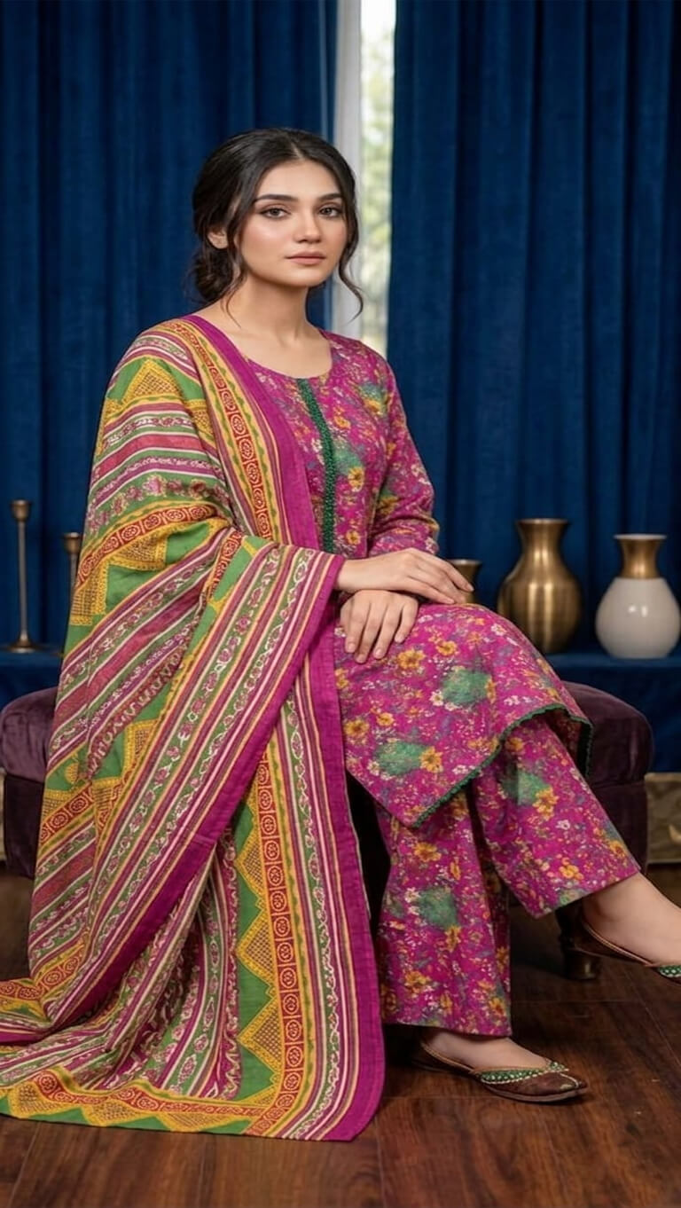 Magenta Meadow – Floral Luxe 3 Piece Lawn Suit