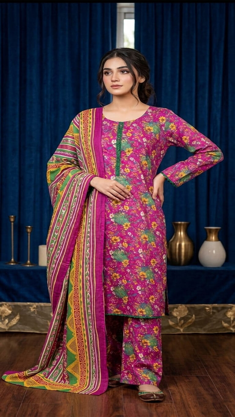 Magenta Meadow – Floral Luxe 3 Piece Lawn Suit
